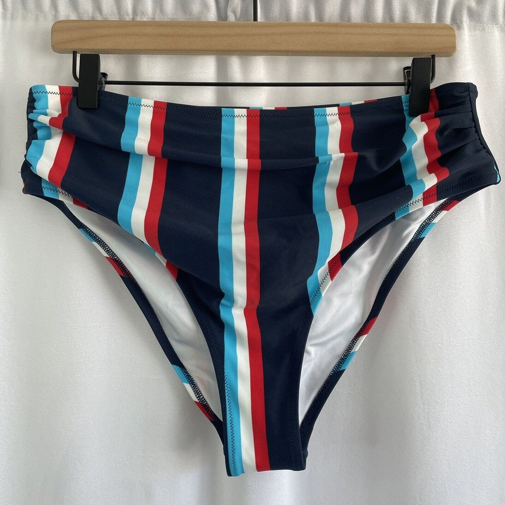 Cupshe Striped High Waisted Swim Bikini Bottoms Size XL Red White and Blue